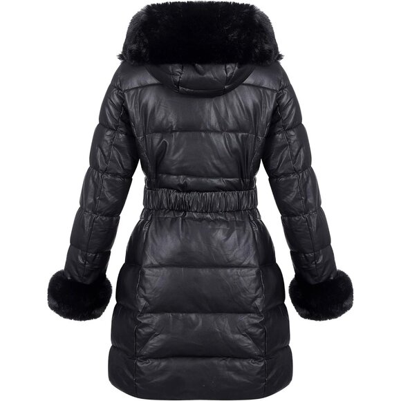 Puffer Jacket Women Winter Fur Lined Coat with Long Fur Collar Warm Overcoat - Picture 2 of 5